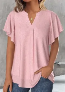 Modlily Light Pink Shinning Short Sleeve Split Neck Blouse - M