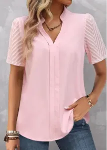 Modlily Women Casual Pink Blouse Split Neck Short Sleeve Blouse - L
