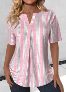 Modlily Light Pink Striped Short Sleeve Split Neck Blouse - M