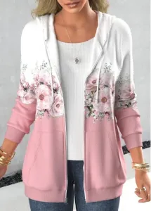 Modlily Valentine's Day Light Pink Zipper Floral Print Hoodie - XL