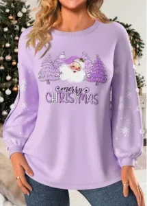 Modlily Light Purple Button Christmas Print Long Sleeve Sweatshirt - L