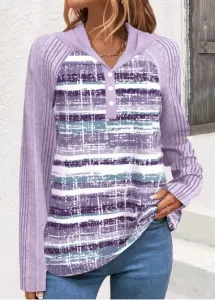 Modlily Light Purple Button Striped Long Sleeve Hooded Sweatshirt - XL