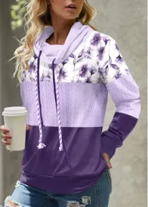 Modlily Light Purple Patchwork Floral Print Long Sleeve Sweatshirt - L #1161118
