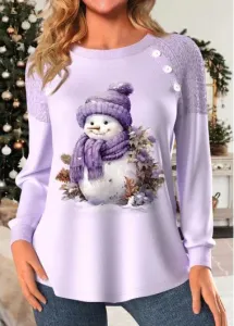 Modlily Light Purple Patchwork Snowman Print Long Sleeve Sweatshirt - L