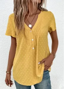 Modlily Light Yellow Jacquard Short Sleeve V Neck Blouse - XL