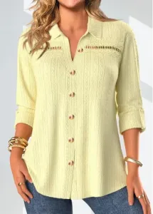 Modlily Light Yellow Lace Long Sleeve Shirt Collar Blouse - S