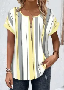 Modlily Light Yellow Zipper Striped Short Sleeve Round Neck Shirt - L