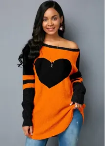 Modlily Long Sleeve Heart Design Contrast Sweater - M