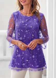 Modlily Mesh Stitching Embroidered Purple 3/4 Sleeve Blouse - S