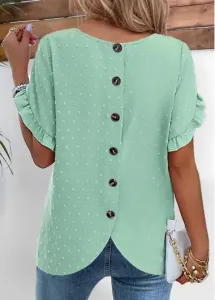 Modlily Mint Green Button Short Sleeve Round Neck Blouse - L