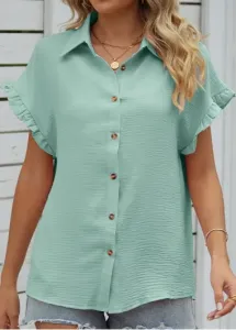 Modlily Mint Green Button Short Sleeve Shirt Collar Blouse - L