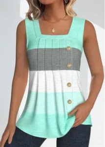 Modlily Mint Green Button Striped Sleeveless Square Neck Tank Top - M
