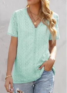 Modlily Mint Green Embroidery Short Sleeve V Neck Blouse - M