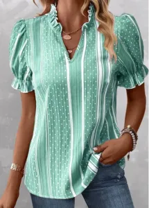 Modlily Mint Green Frill Striped Short Sleeve Blouse - M