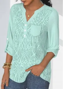 Modlily Mint Green Lace Long Sleeve Split Neck Shirt - L