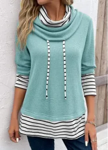 Modlily Mint Green Patchwork Striped Long Sleeve Cowl Neck Sweatshirt - M