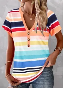 Modlily Multi Color Button Striped Short Sleeve Blouse - M