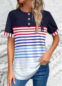 Modlily Multi Color Button Striped Short Sleeve Blouse - XXL