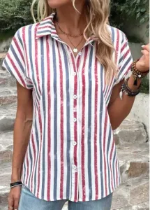 Modlily Multi Color Button Striped Short Sleeve Blouse - XXL