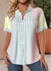 Modlily Multi Color Button Striped Short Sleeve Shirt Collar Blouse - S