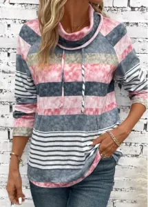 Modlily Multi Color Drawstring Striped Long Sleeve Cowl Neck Sweatshirt - S