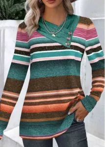 Modlily Multi Color Patchwork Striped Long Sleeve Asymmetrical Neck Sweatshirt - M