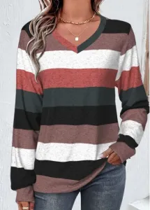 Modlily Multi Color Patchwork Striped Long Sleeve V Neck Sweatshirt - L