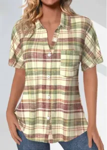 Modlily Multi Color Pocket Plaid Short Sleeve Shirt Collar Blouse - L