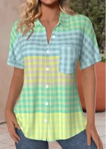 Modlily Multi Color Pocket Plaid Short Sleeve Shirt Collar Blouse - XXL