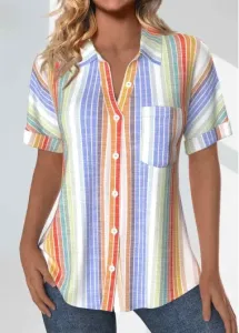 Modlily Multi Color Pocket Striped Short Sleeve Shirt Collar Blouse - S