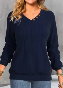 Modlily Navy Button Long Sleeve V Neck Sweatshirt - XL