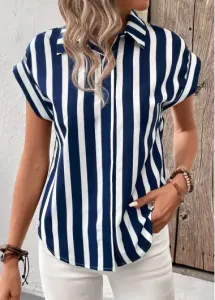 Modlily Navy Button Striped Short Sleeve Shirt Collar Blouse - XL