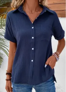Modlily Navy Pocket Short Sleeve Shirt Collar Blouse - S