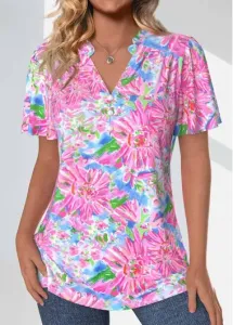 Modlily Neon Pink Frill Floral Print Short Sleeve Blouse - L