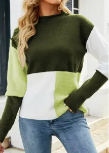 Modlily Olive Green Patchwork Geometric Print Long Sleeve Sweater - S