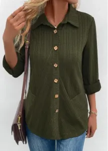 Modlily Olive Green Patchwork Long Sleeve Shirt Collar Blouse - M