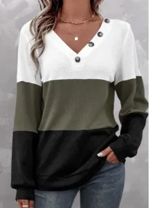Modlily Olive Green Patchwork Long Sleeve V Neck Sweatshirt - XL