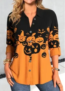 Modlily Orange Button Halloween Pumpkin Print Long Sleeve Blouse - M