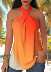 Modlily Orange Criss Cross Ombre Sleeveless Shirt Collar Tank Top - S