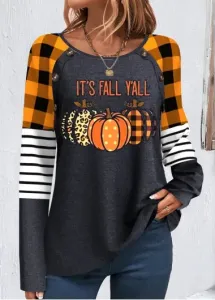 Modlily Orange Patchwork Halloween Print Long Sleeve Sweatshirt - L