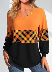 Modlily Orange Patchwork Plaid Long Sleeve V Neck Sweatshirt - L