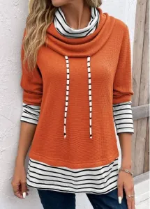 Modlily Orange Patchwork Striped Long Sleeve Cowl Neck Sweatshirt - L