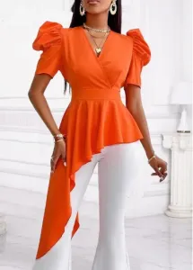 Modlily Orange Smocked Short Sleeve V Neck Blouse - XL