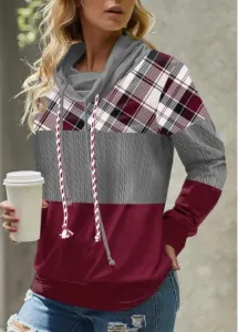 Modlily Patchwork Plaid Multi Color Long Sleeve Cowl Neck Sweatshirt - S