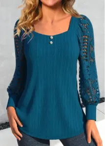 Modlily Peacock Blue Lace Long Sleeve Square Neck Blouse - L