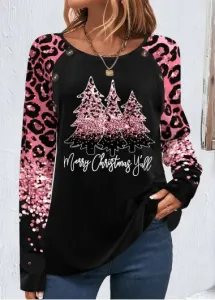 Modlily Pink Button Christmas Tree Print Long Sleeve Sweatshirt - L