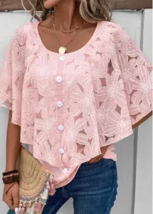 Modlily Women Pink Floral Print Cape Tops Button Half Sleeve Round Neck Blouse - XL
