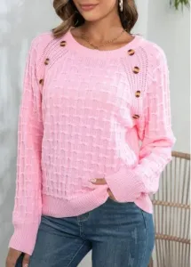 Modlily Pink Button Long Sleeve Round Neck Sweater - S