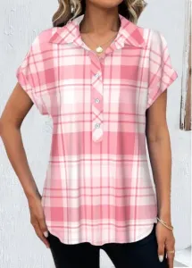 Modlily Pink Button Plaid Short Sleeve Shirt Collar Blouse - L