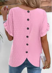 Modlily Pink Button Short Sleeve Round Neck Blouse - L